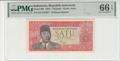 INDONESIA P.80b - 1 Rupiah 1964 PMG 66 EPQ