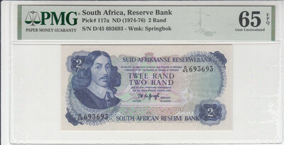 SOUTH AFRICA P.117a - 2 Rand 1974 Repeater Serial Number 693693! PMG 65 EPQ
