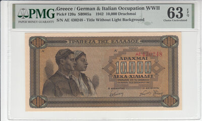 GREECE P.120a - 10.000 Drachmai 1942 PMG 63 EPQ