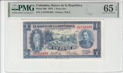 COLOMBIA P.398 - 1 Peso Oro 1953 PMG 65 EPQ