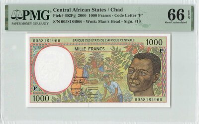 CENTRAL AFRICAN STATES P.602Pg - 1000 Francs 2000 Chad PMG 66 EPQ