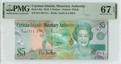 CAYMAN ISLANDS P.39a - 5 Dollars 2010 PMG 67 EPQ