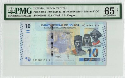 BOLIVIA P.248a - 10 Bolivianos 1986 PMG 65 EPQ