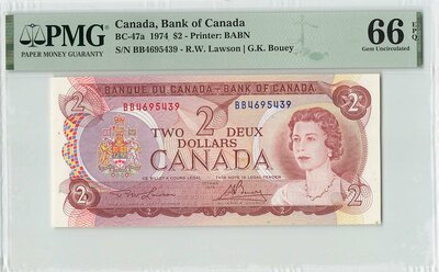 CANADA P.86 - 2 Dollars 1974 PMG 66 EPQ