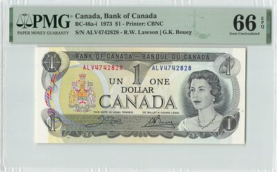 CANADA P.85 - 1 Dollar 1973 PMG 66 EPQ