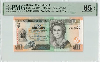 BELIZE P.68c - 10 Dollars 2007 PMG 65 EPQ