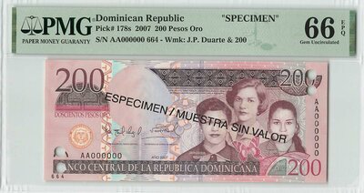 DOMINICAN REPUBLIC P.178s - 200 Pesos Oro 2007 Specimen PMG 66 EPQ
