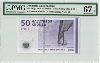 DENMARK P.65g - 50 Kroner 2014 PMG 67 EPQ