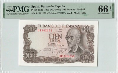 SPAIN P.152a - 100 Pesetas 1970 PMG 66 EPQ