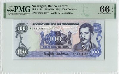 NICARAGUA P.154 - 100 Cordobas 1985 PMG 66 EPQ