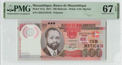 MOZAMBIQUE P.151a - 100 Meticais 2011 Polymer PMG 67 EPQ TOP POP