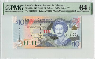 EAST CARIBBEAN STATES P.38v - 10 Dollars 2000 St. Vincent PMG 64 EPQ