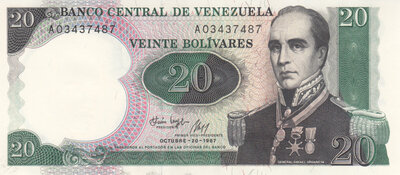 VENEZUELA P.71a - 20 Bolivares 1987 UNC