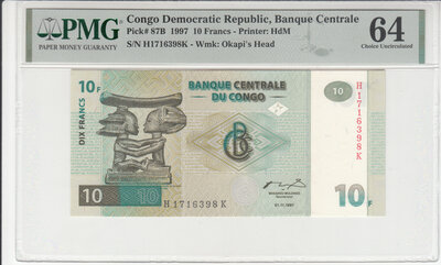 CONGO DEM. REP. P.87B - 10 Francs 1997 PMG 64