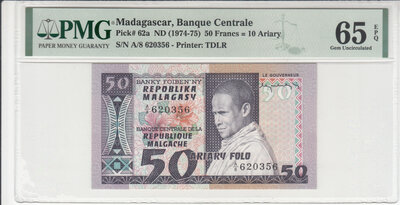 MADAGASCAR P.62a - 50 Francs ND 1974-75 PMG 65 EPQ
