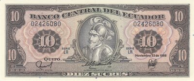 ECUADOR P.121a - 10 Sucres 1988 UNC