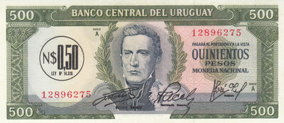URUGAY P.54a - 50 Nuevo Peso on 500 Pesos 1975 UNC