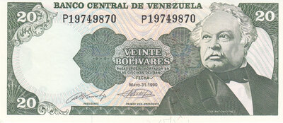 VENEZUELA P.63c - 20 Bolivares 1990 UNC