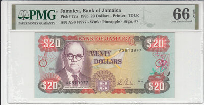 JAMAICA P.72a - 20 Dollars 1985 PMG 66 EPQ