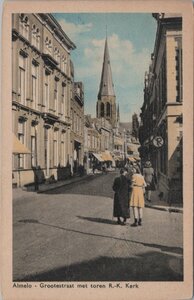 ALMELO - Grootestraat met toren R. K. Kerk