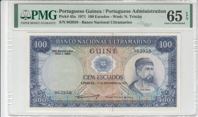 Portuguese Guinea 100 Escudos 1971 Pick 45a PMG Gem UNC 65 EPQ