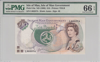 Isle of Man 10 Pounds ND1998 Pick 44a PMG Gem UNC 66 EPQ