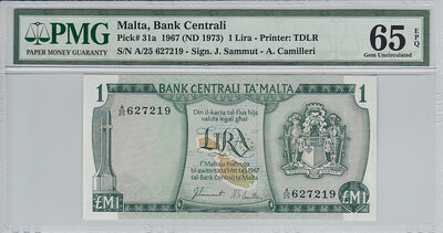 Malta 1 Lira 1967 (ND1973) Pick 31a PMG Gem UNC 65 EPQ