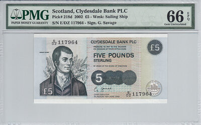 Scotland 5 Pounds 2002 Pick 218d PMG Gem UNC 66 EPQ