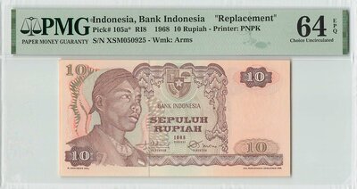 Indonesia 10 Rupiah 1968 Replacement Pick 105a PMG Choice UNC 64 EPQ