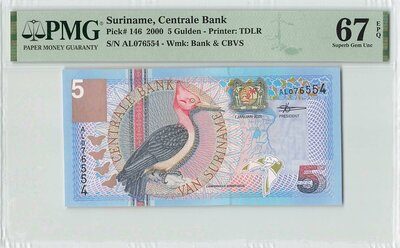 Suriname 5 Gulden 2000 TDLR Pick 146 PMG Superb Gem UNC 67 EPQ