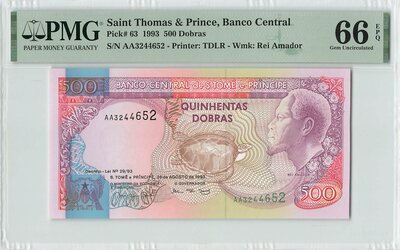 Saint Thomas & Prince 500 Dobras 1993 Pick 63 PMG Gem UNC 66 EPQ