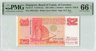 Singapore 2 Dollars 1991 Pick 27 PMG Gem UNC 66 EPQ