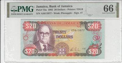 Jamaica 20 Dollars 1985 Pick 72a PMG Gem UNC 66 EPQ