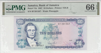 Jamaica 10 Dollars 1987 Pick 71b PMG Gem UNC 66 EPQ