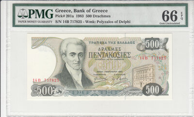 Greece 500 Drachmes 1983 Pick 201a PMG Gem UNC 66 EPQ