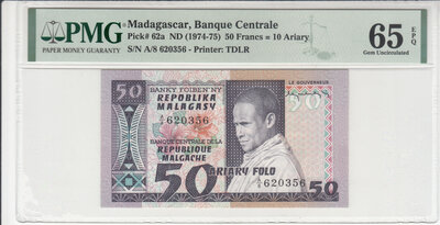 Madagascar 50 Francs ND 1974-75 Pick 62a PMG Gem UNC 65 EPQ