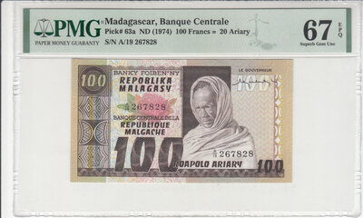 Madagascar 100 Francs ND 1974 Pick 63a PMG Superb Gem UNC 67 EPQ