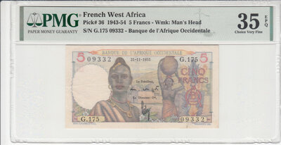 French West Africa 5 Francs 1953 Pick 36 PMG 35 EPQ