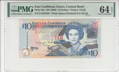 East Caribbean States 10 Dollars 2008 Pick 48a PMG Choice UNC 64 EPQ