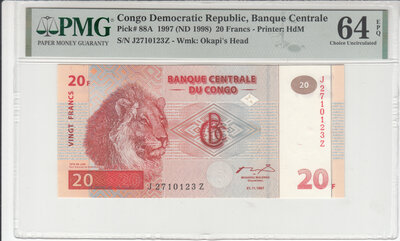 Congo Democratic Republic 20 Francs 1997 Pick 88A PMG Choice UNC 64 EPQ