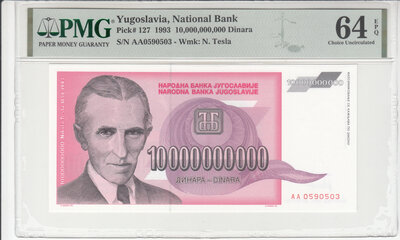 Yugoslavia 10.000.000.000 Dinara 1993 Pick 127 PMG Choice UNC 64 EPQ