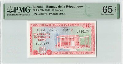 Burundi 10 Francs 1970 Pick 20b PMG Gem UNC 65 EPQ