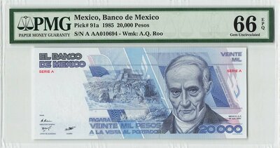 Mexico 20000 Pesos 1985 Pick 91a PMG Gem UNC 66 EPQ