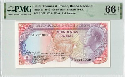 Saint Thomas & Prince 500 Dobras 1989 Pick 61 PMG Gem UNC 66 EPQ