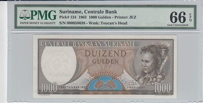 Suriname 1000 Gulden 1963 Pick 124 PMG Gem UNC 66 EPQ