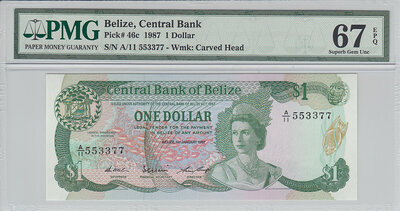 Belize 1 Dollar 1987 Pick 46c PMG Superb Gem UNC 67 EPQ