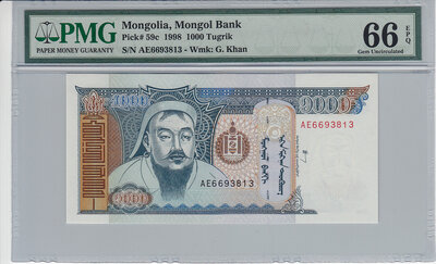 Mongolia 1000 Tugrik 1998 Pick 59c PMG Gem UNC 66 EPQ