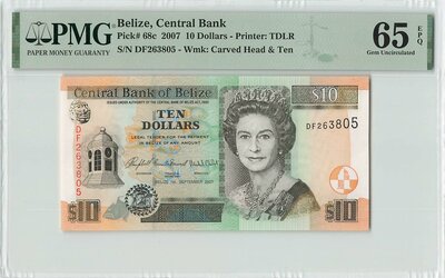 Belize 10 Dollars 2007 Pick 68c PMG Gem UNC 65 EPQ