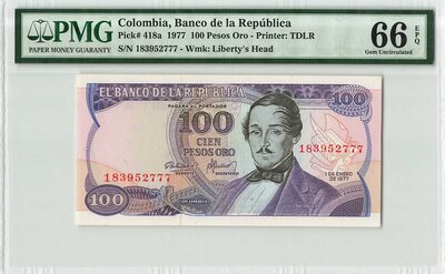 Colombia 100 Pesos Oro 1977 Pick 418a PMG Gem UNC 66 EPQ