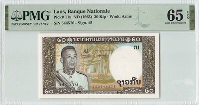 Laos 20 Kip 1963 Pick 11a PMG Gem UNC 65 EPQ